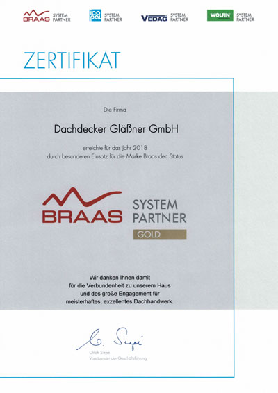 Zertifikat Braas System Partner Gold Bad Salzuflen Dachdecker